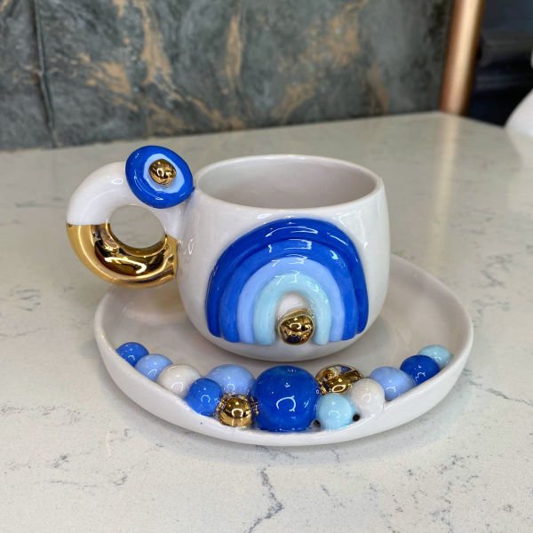 Harfli Nazar Gökkuşağı Türk kahvesi fincanı