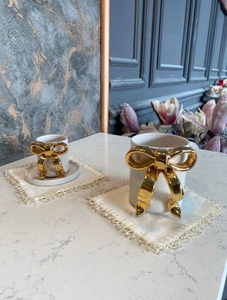 Kurdele Türk Kahvesi fincanı Krem-Gold